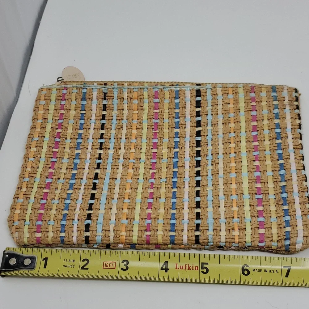 Ipsy Makeup Bag Tan Woven Rattan Like Bright Ribbons Throughout